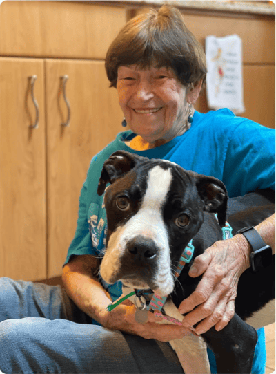 Wally stares at the camera whilst getting cuddles from his foster mom.