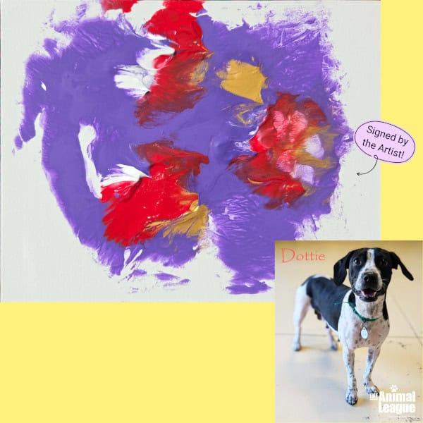 Dottie's painting of red nose splodges on a purple background.