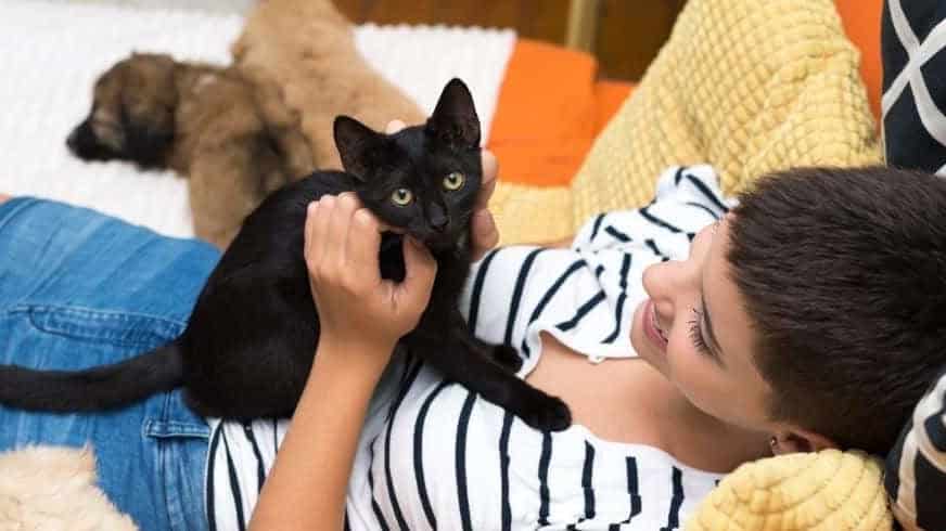 A black kitten and its human mom lie on a bed, sharing lots of love and attention.